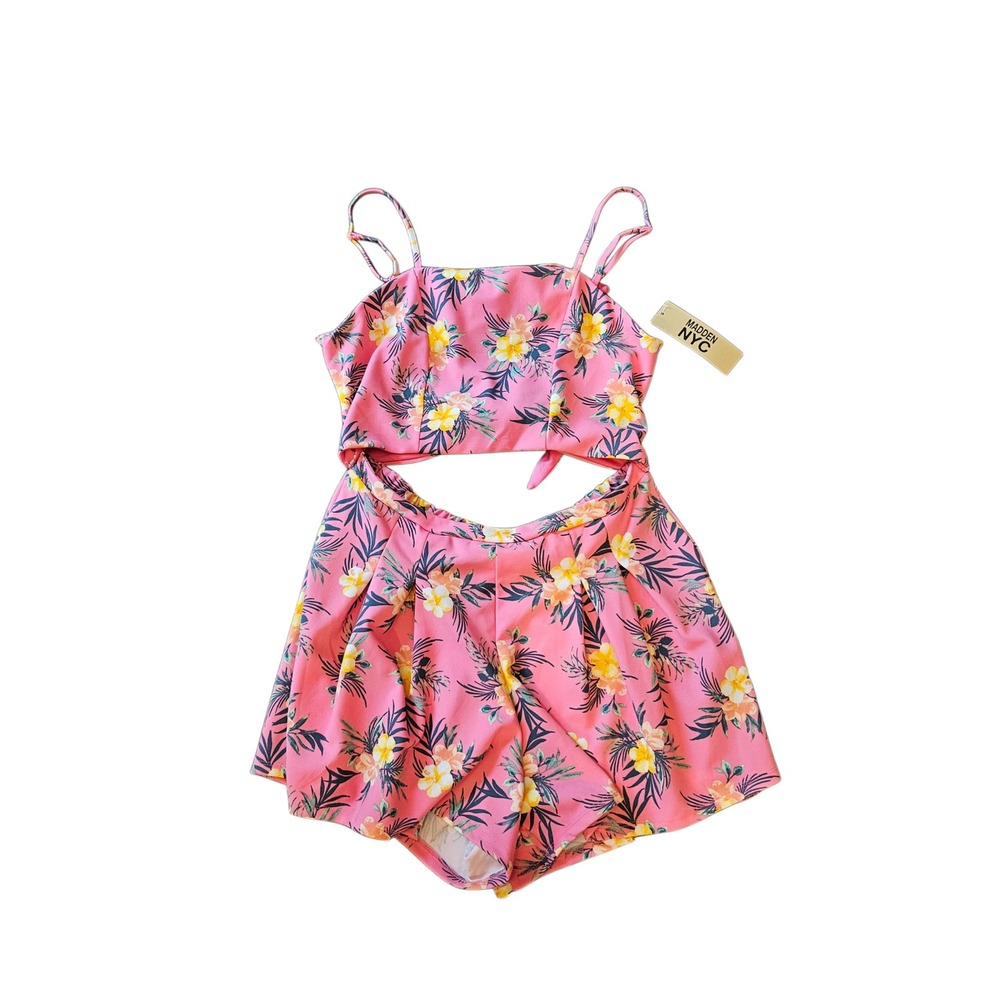 Madden NYC Women's Pink Tropical Floral Cutout Tie Back Romper Size XL 15-17 NWT